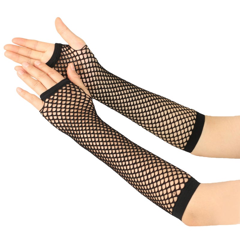 Seeksmile Women's Girls 80's Theme Party Emo Fingerless Arm Fishnet Gloves (Black) - Image 4